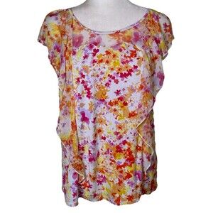 Adele & May Women’s‎ Floral Chiffon Sheer Flutter Sleeve Romantic Summer Top Lg